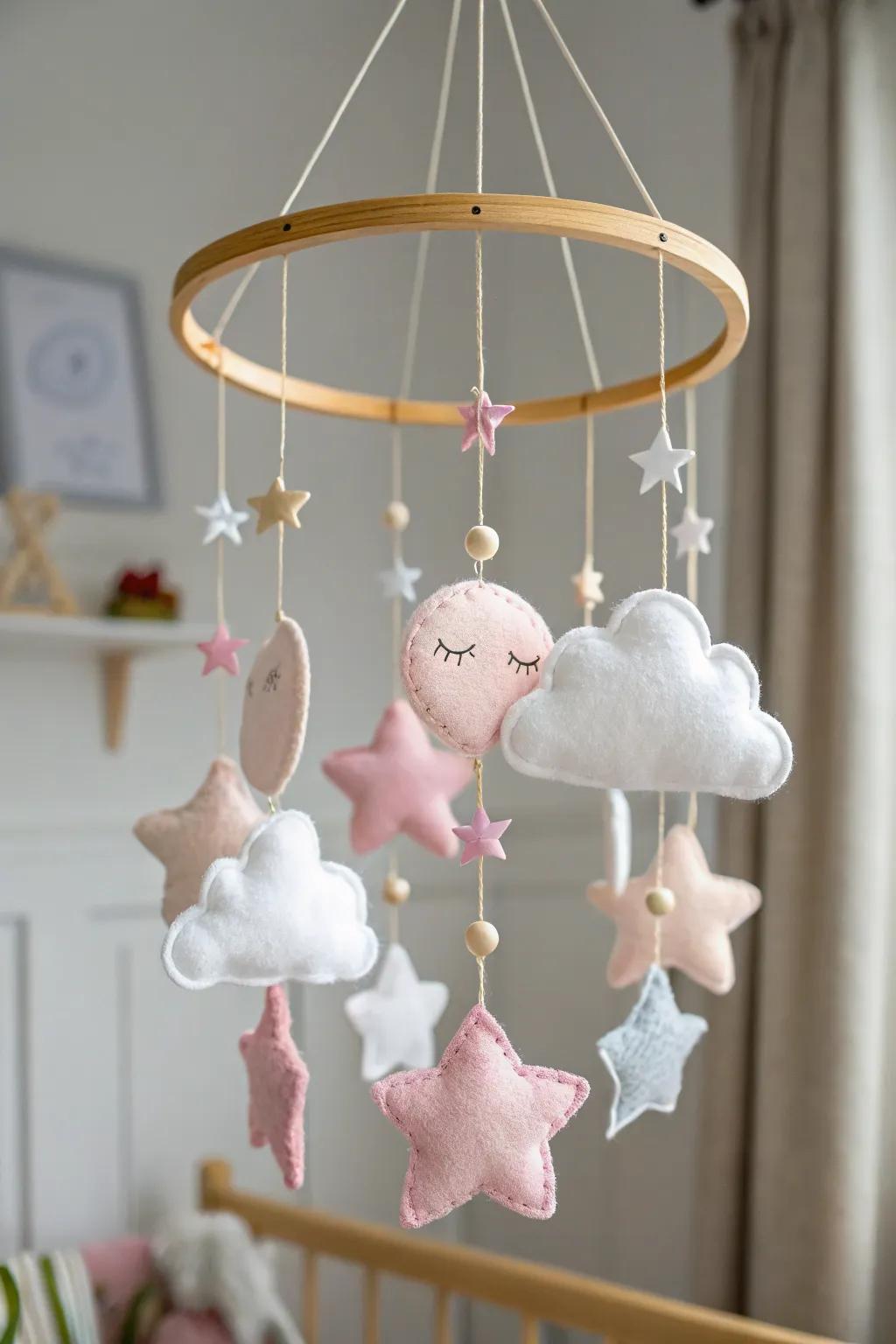 Add a touch of magic to your nursery with this charming DIY felt mobile, a blend of simplicity and natural beauty.