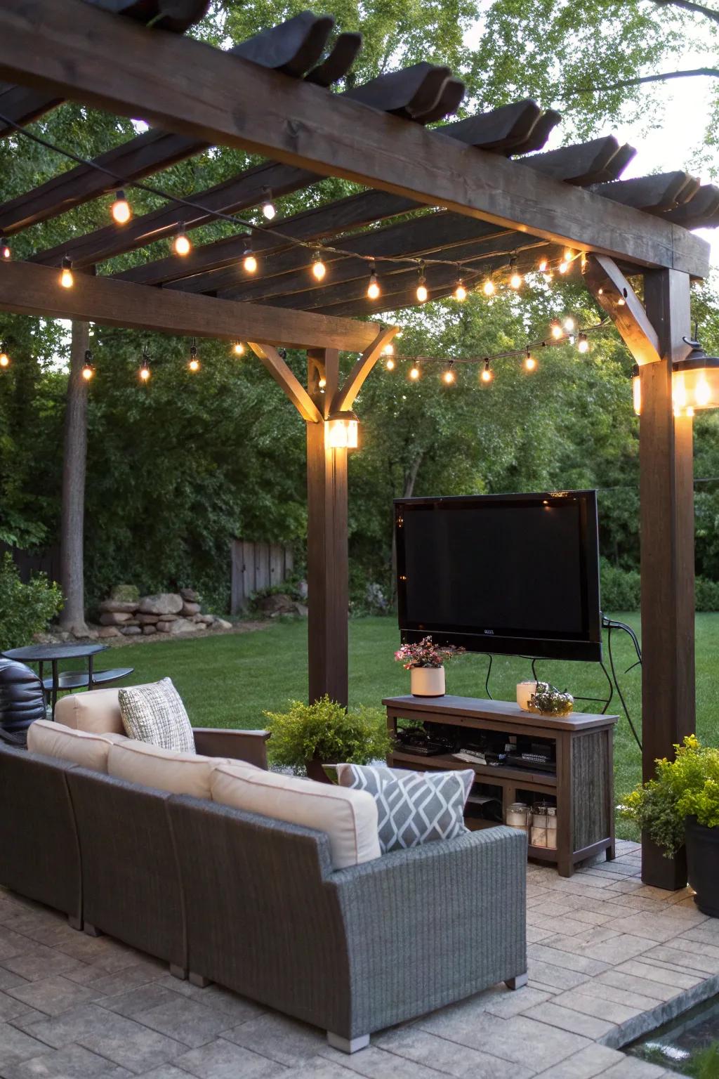 A pergola setup not only shades your TV but also elevates your outdoor space's aesthetic.