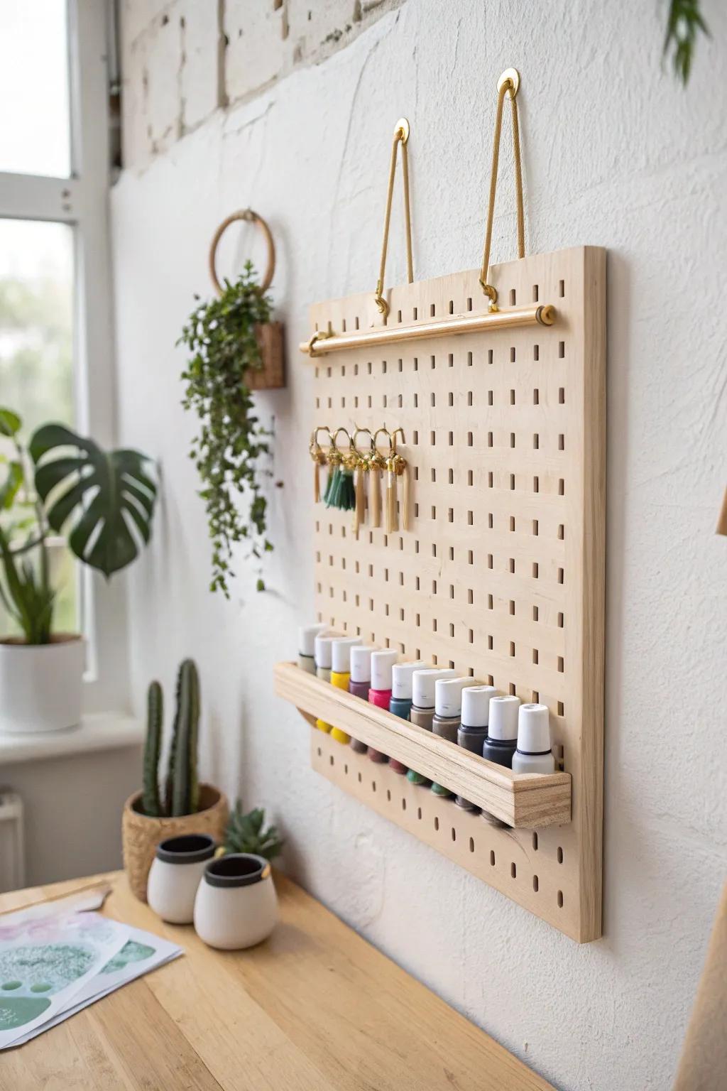 Transform your creative space with a touch of Scandinavian-Boho elegance using a versatile pegboard marvel.