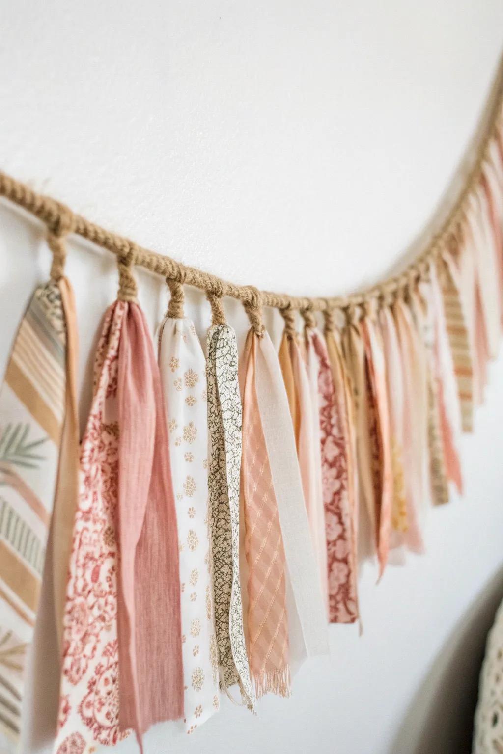 Transform leftover fabric into a charming DIY banner, where each strip tells a story. #EcoFriendlyDecor #ScandiBohoStyle
