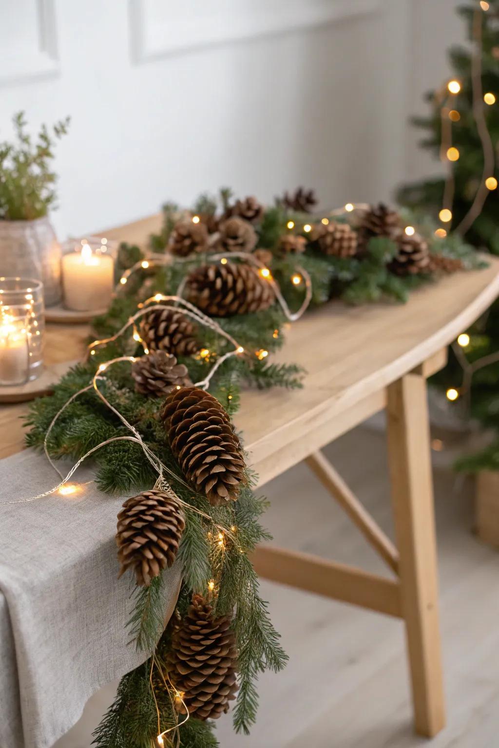 Add a touch of rustic elegance to your table with a pine cone garland illuminated by fairy lights. ✨🌲 #ScandinavianStyle #BohoCharm