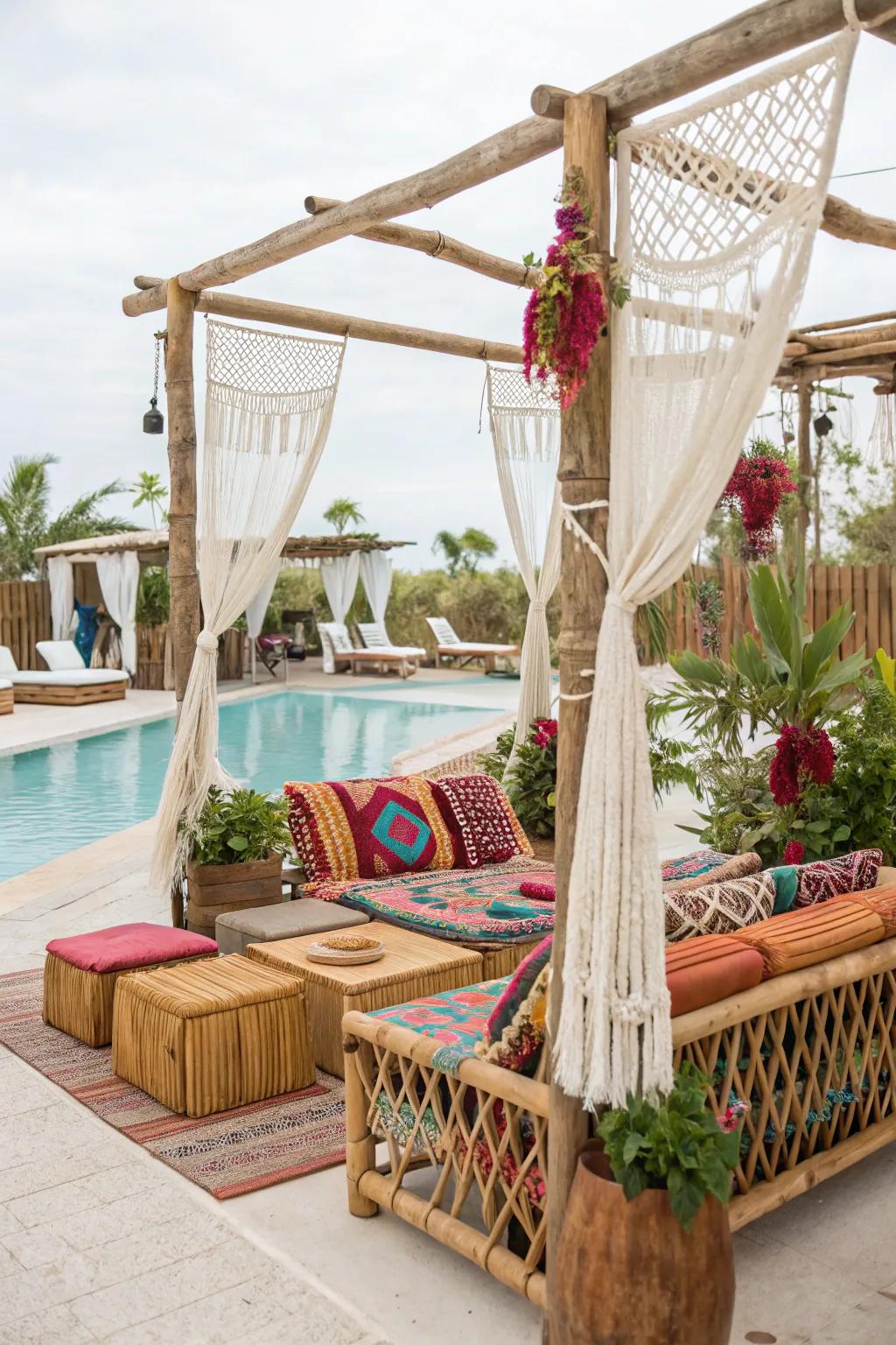 Infuse your cabana with bohemian charm using natural materials and vibrant textiles.