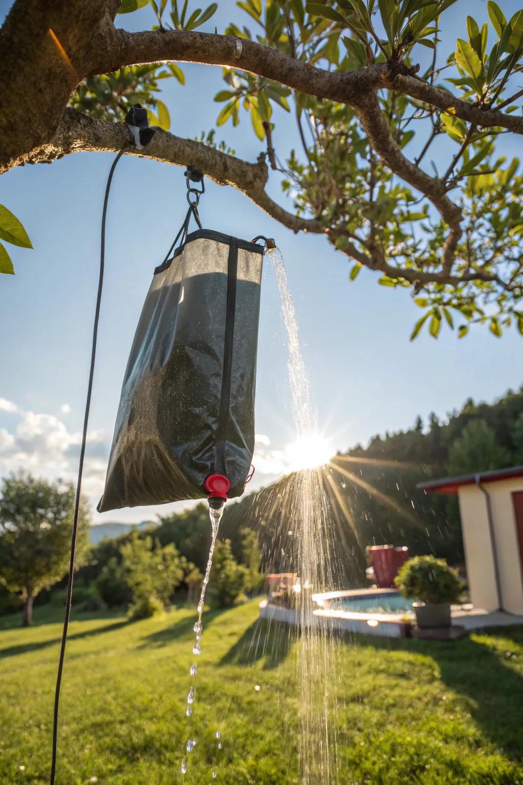 Eco-friendly solar shower bag soaking up the sun.