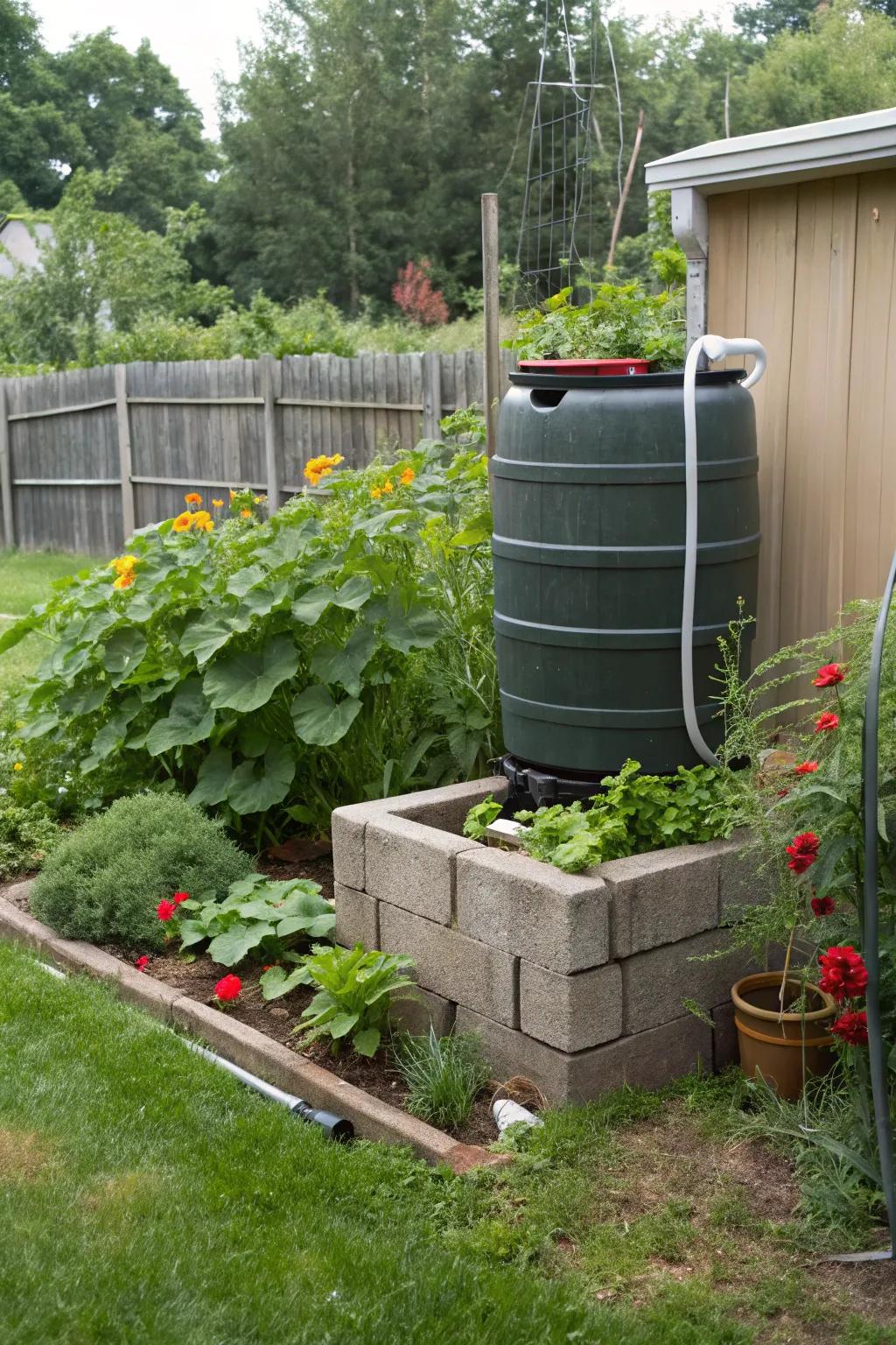 A rain barrel stands proudly on a cinder block pedestal, ready to catch the rain.