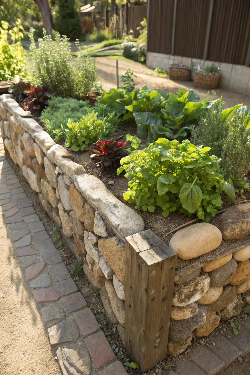 A rustic raised garden bed made from stones and rocks.