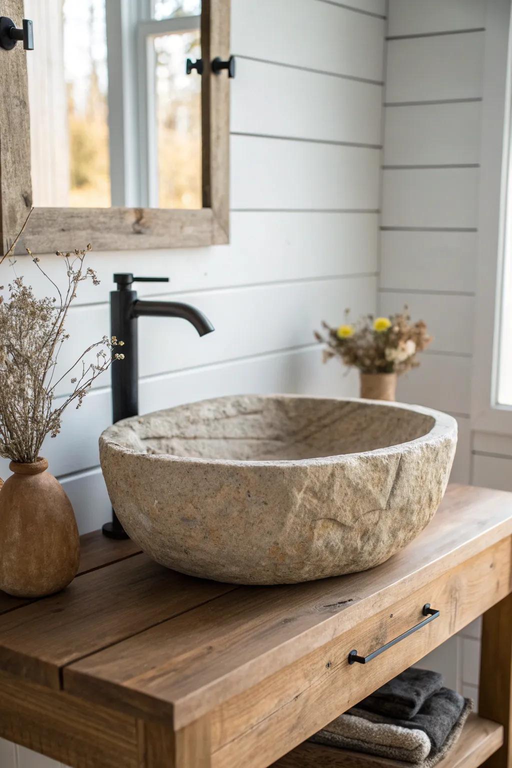 Transform your bathroom into a rustic retreat with the timeless charm of a stone sink.