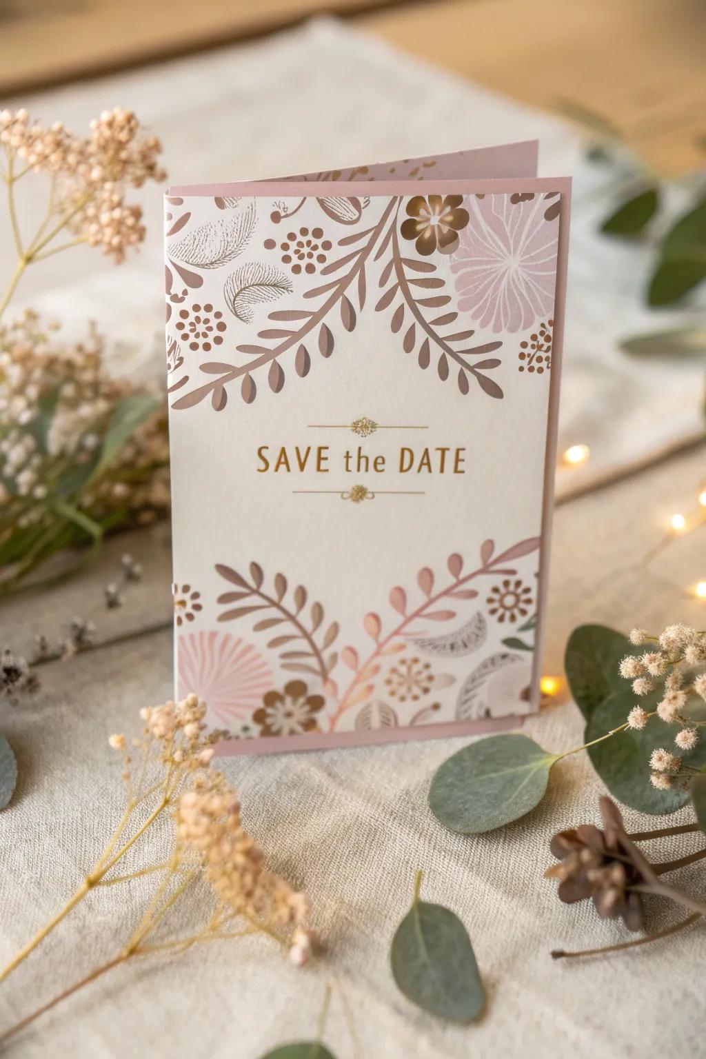 Capture the essence of nature with this beautifully crafted floral 'Save the Date' card, perfect for a summer garden wedding.