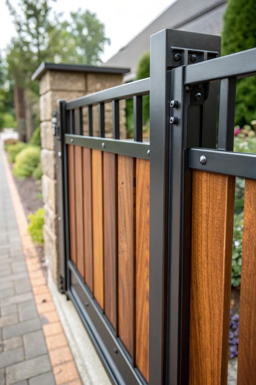 Elevate your outdoor space with a handcrafted metal and wood sliding gate that combines strength with natural beauty.