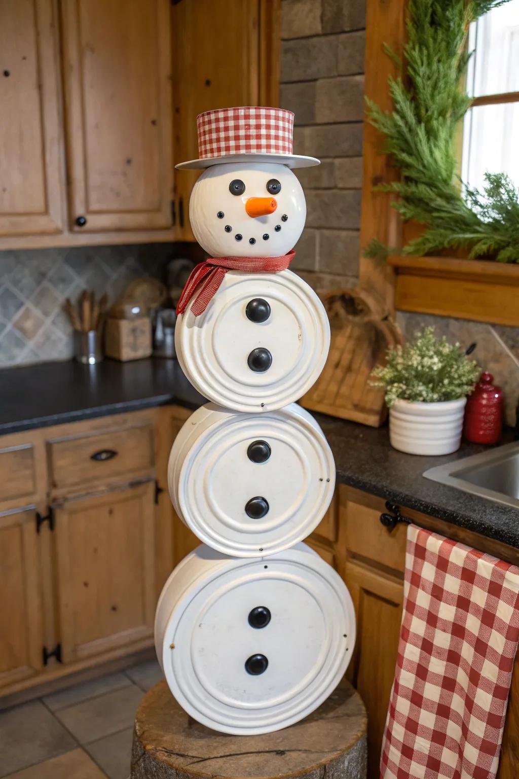 From kitchen to decor, these pan lids make a delightful snowman.