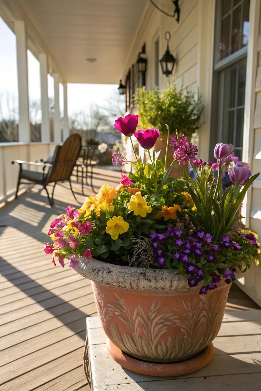 Brighten your entryway with a cheerful spring flower pot.