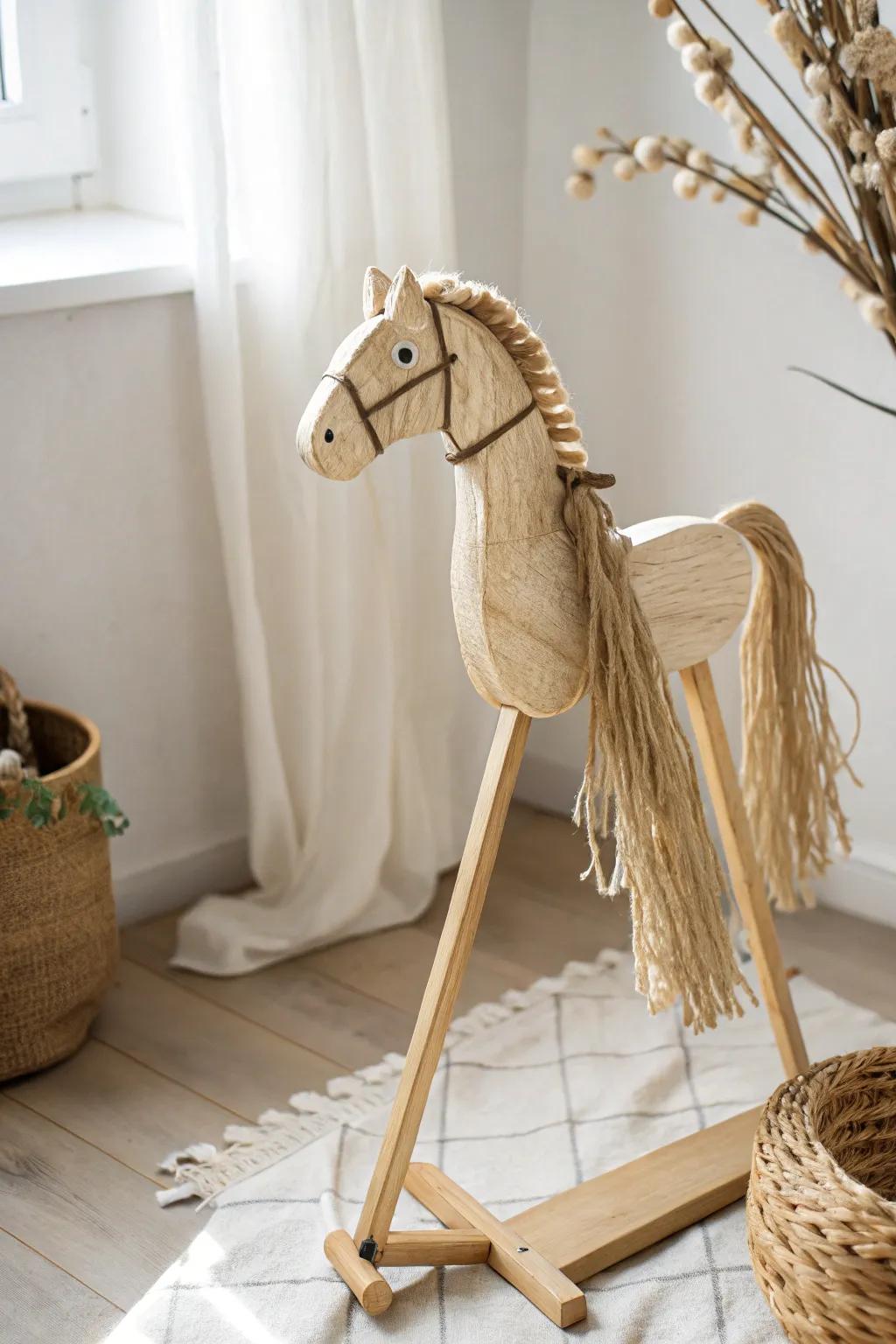 Embrace the charm of simplicity with this rustic raffia mane stick horse, perfect for adding a touch of countryside elegance to your decor.