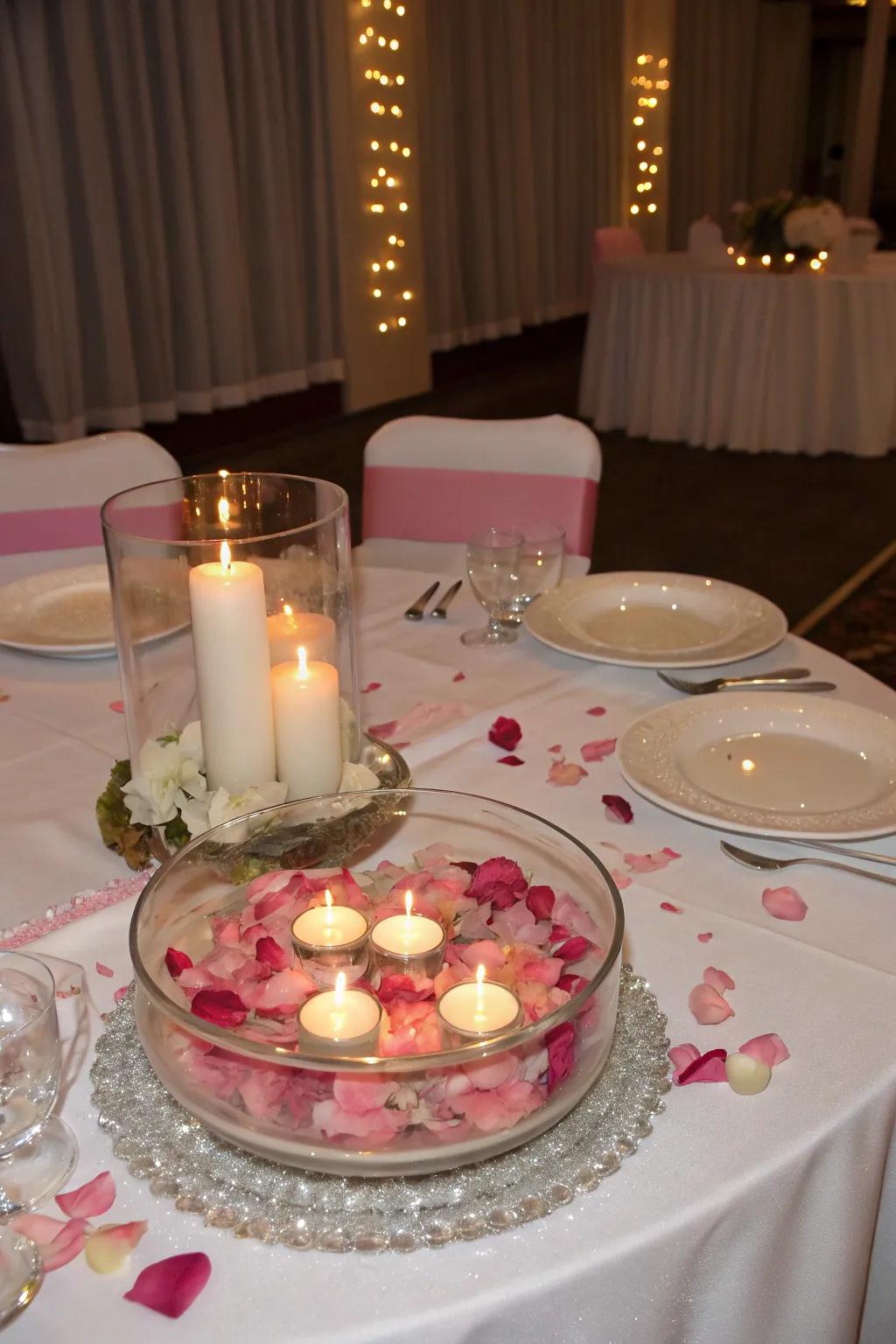 Floating candles and petals offer a romantic glow to the table.