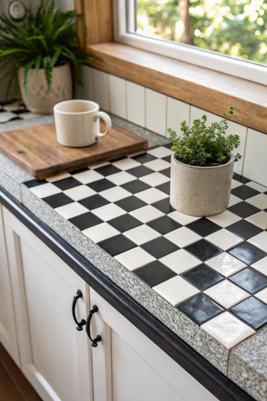 Add a playful retro touch to your space with a chic checkerboard tile countertop.