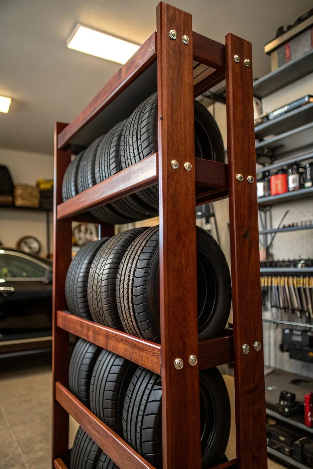 Elevate your storage game with this stunning multi-tier tire rack, perfect for the DIY enthusiast who values both form and function.