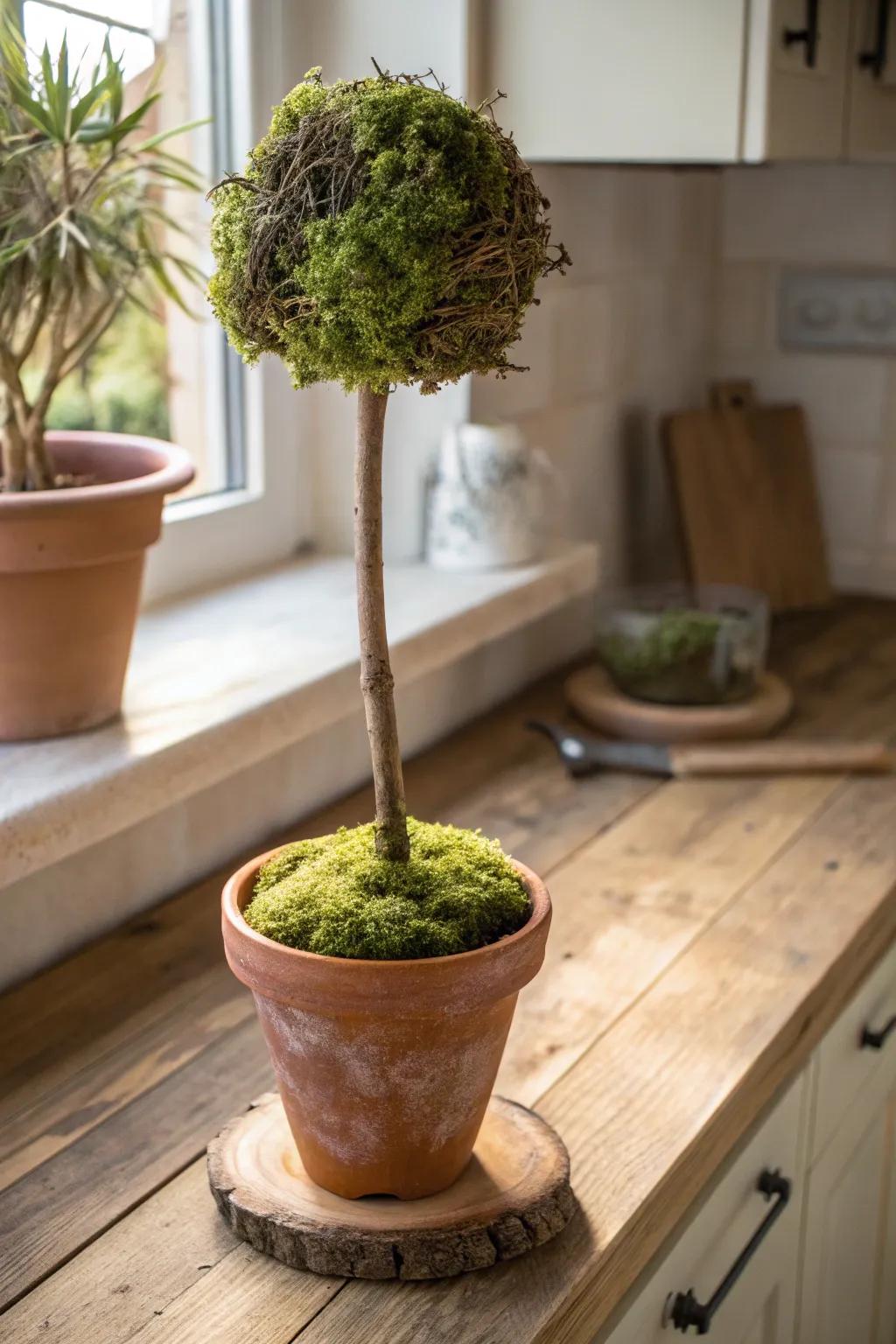 A rustic stick and moss topiary bringing a natural touch to a kitchen counter.