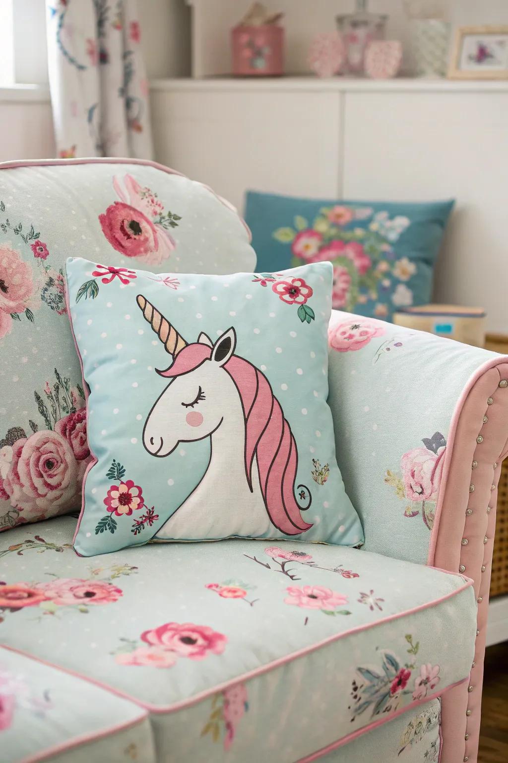 Snuggle up with a cuddly unicorn pillow.