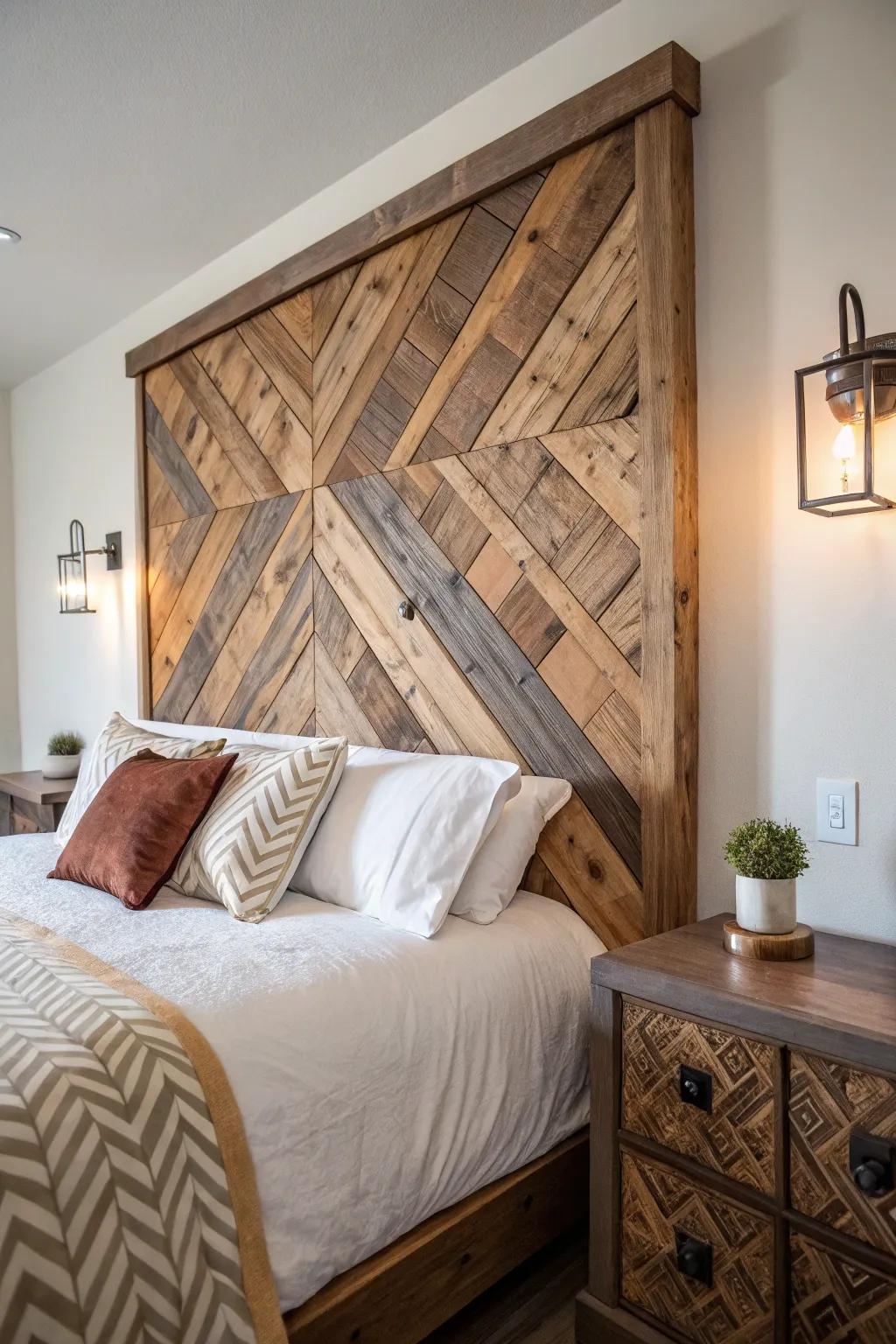 Sophisticated style: Herringbone wood headboard.