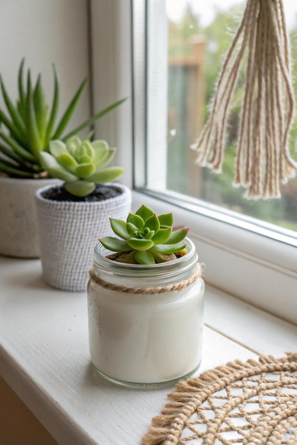 Transform your empty candle jars into charming succulent planters and bring a touch of minimalist elegance to your home!