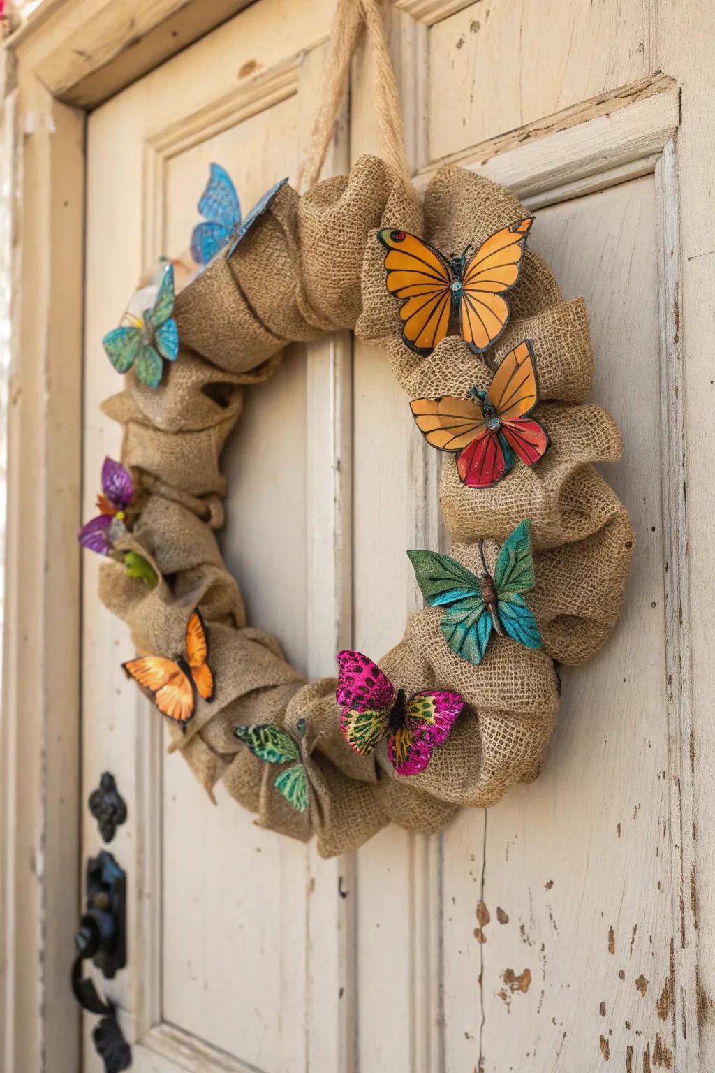 Whimsical butterflies add charm to a rustic burlap wreath.