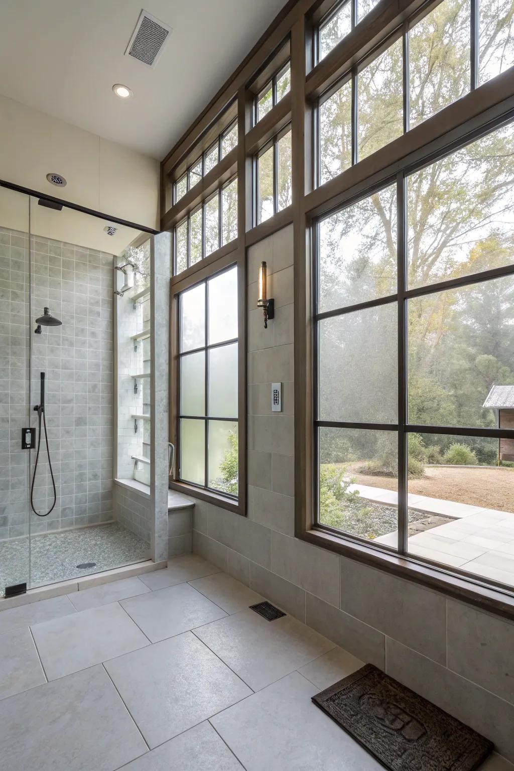 A doorless walk-in shower flooded with natural light, thanks to large windows.