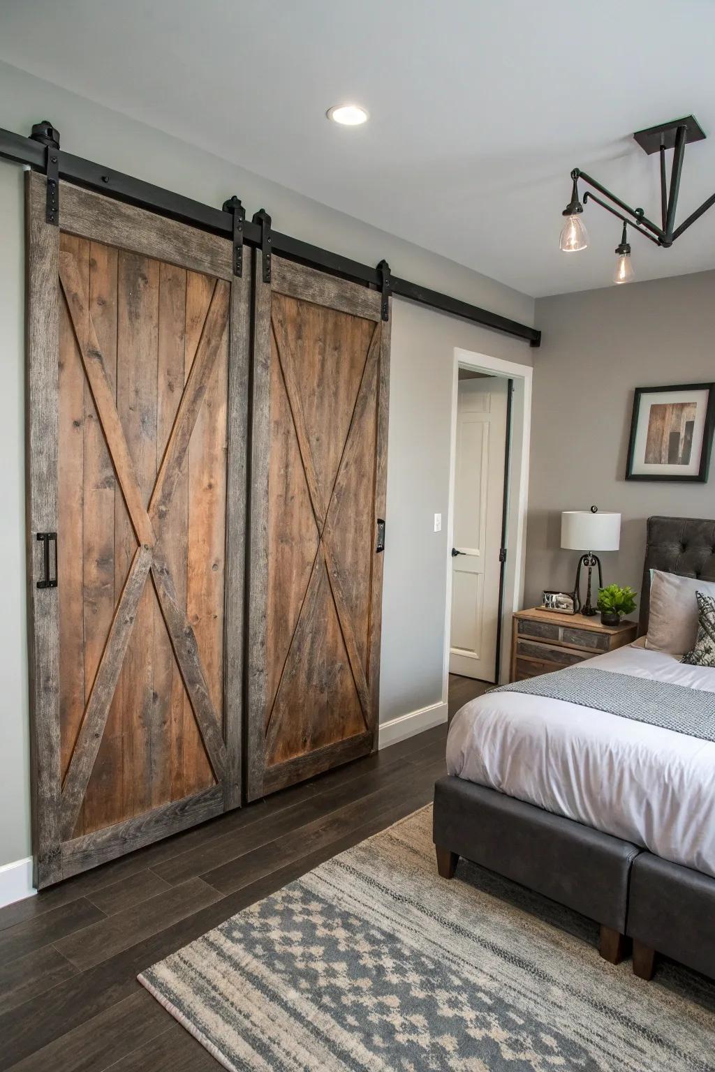 Sliding barn doors offer a rustic touch while maximizing space efficiency.