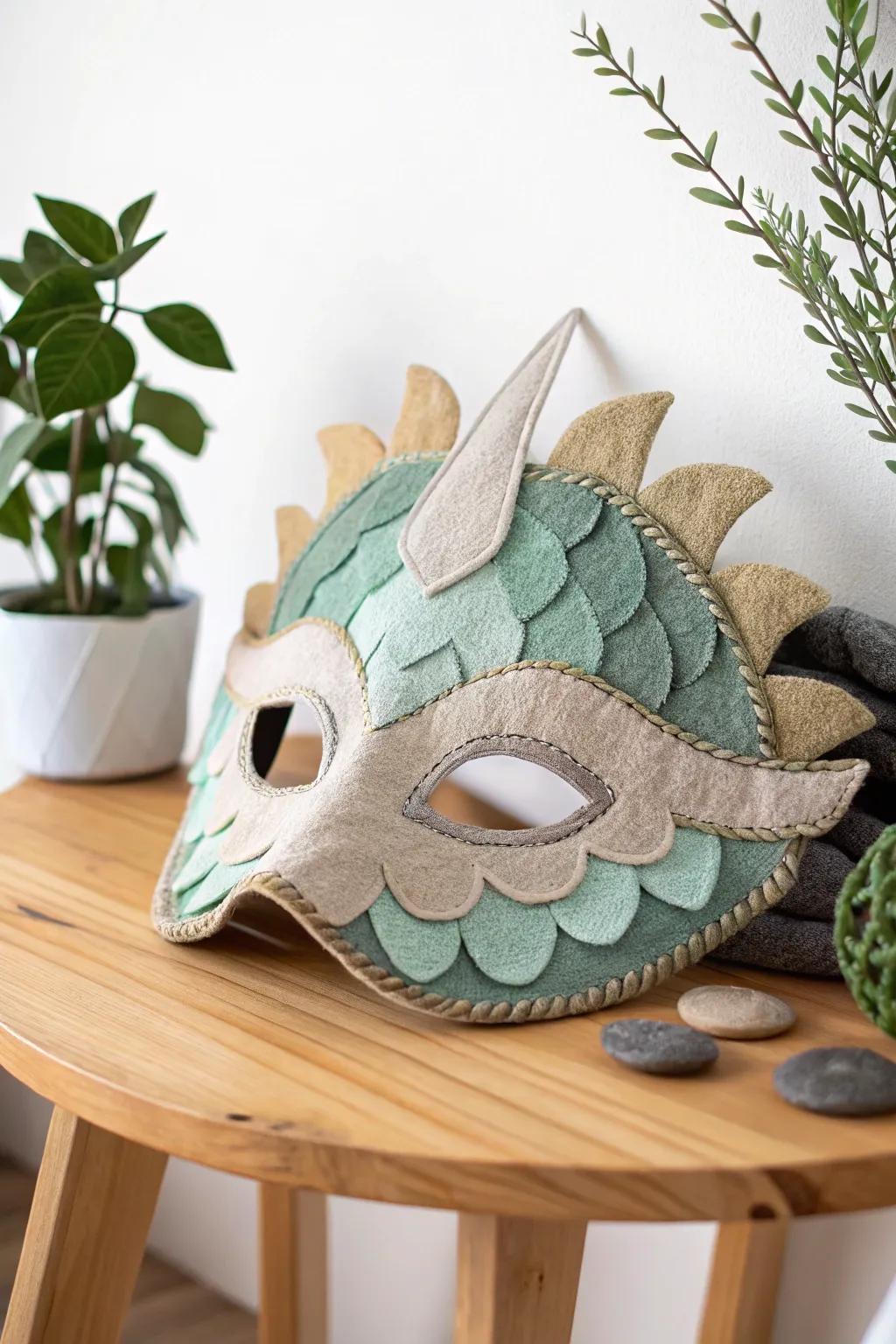 Unleash your imagination with this enchanting felt dragon mask, where craftsmanship meets playful elegance.
