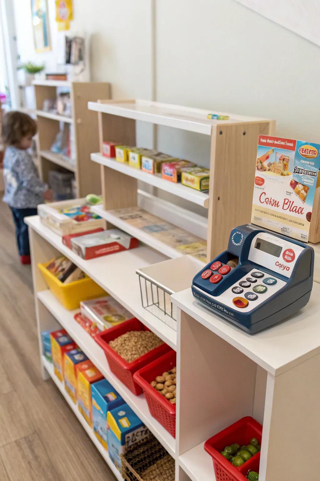 Set up a mini grocery store for your little shopper.