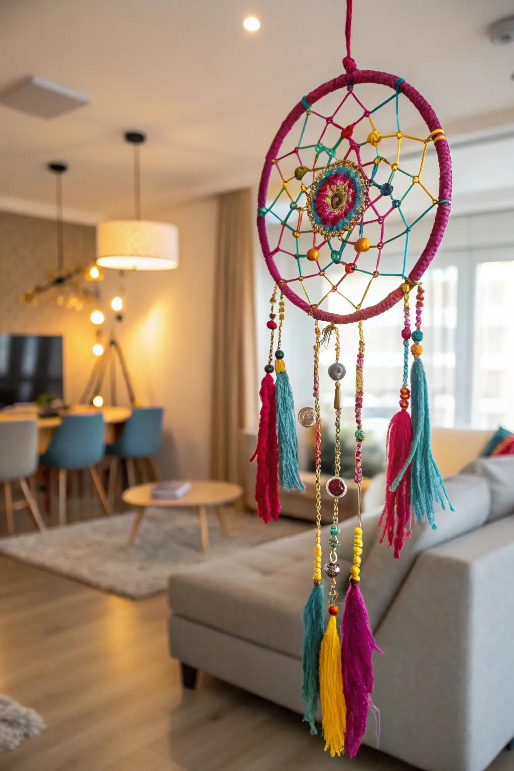 Add a splash of color with this boho chic dream catcher, perfect for any vibrant space.