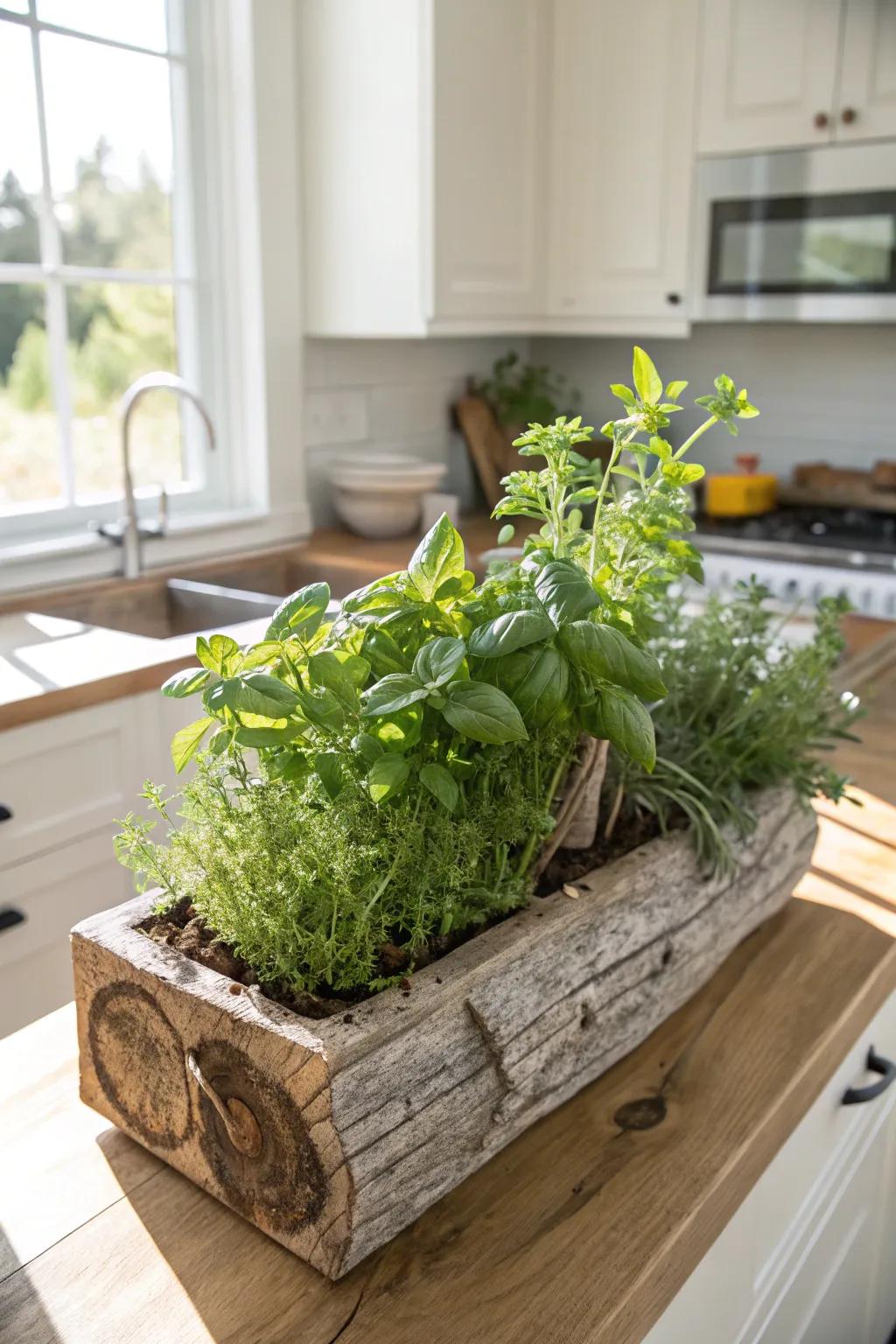 A driftwood planter filled with fresh herbs, ideal for a kitchen windowsill.