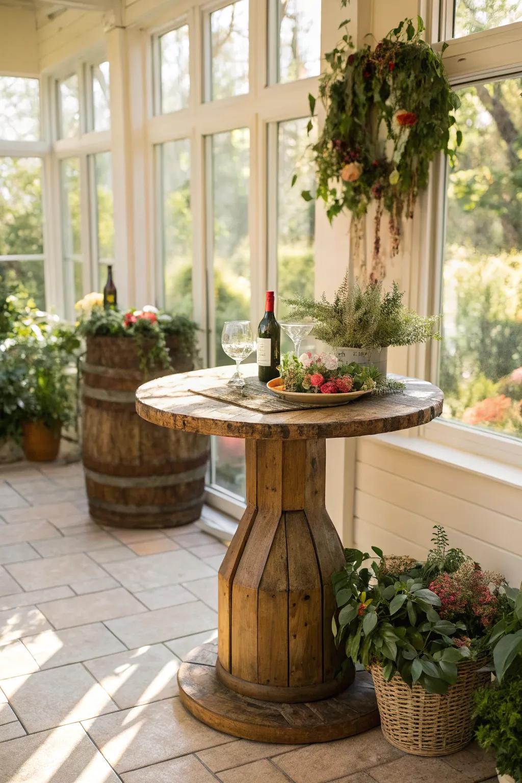 A rustic wooden drink table in a sunroom, adding warmth to the space.