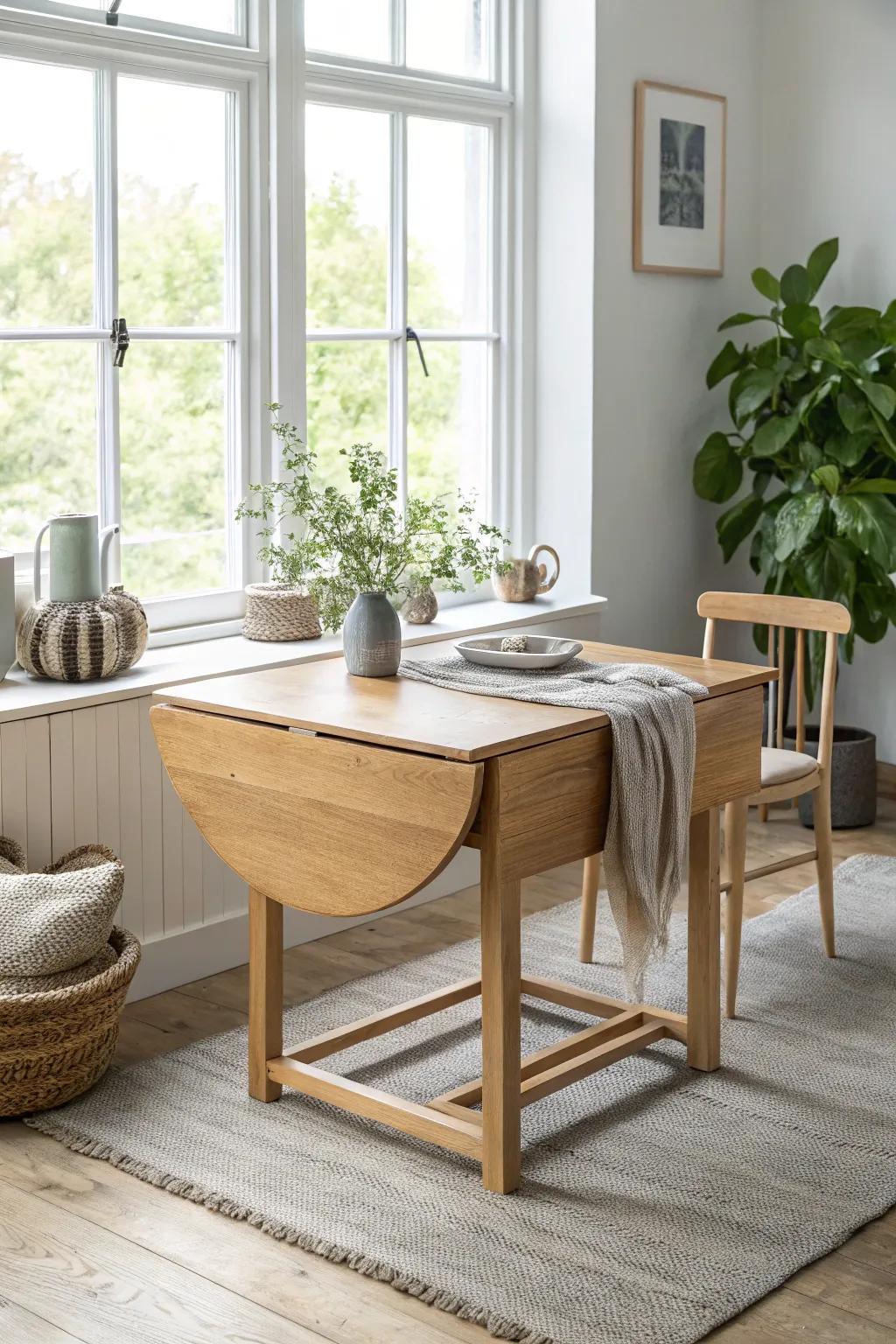 Embrace simplicity with this stunning minimalist drop leaf table, a perfect blend of form and function.
