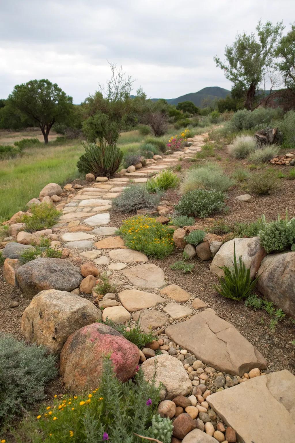 Rocks and stones create a modern and sustainable garden path.