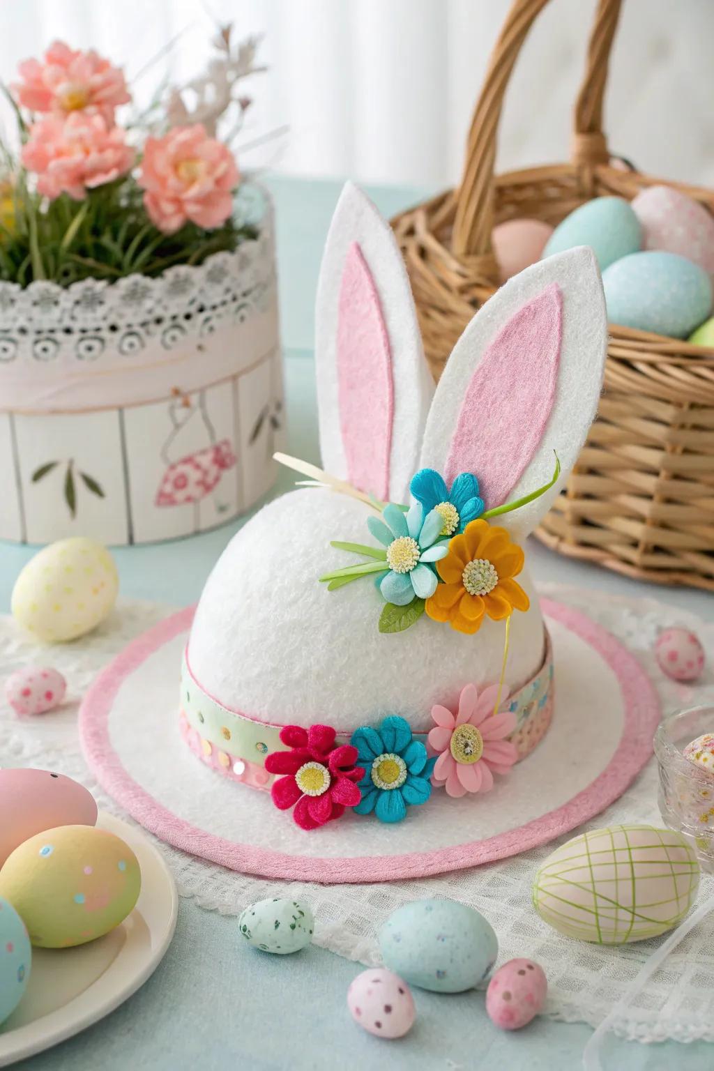 A playful bunny-themed Easter bonnet with charming ears.