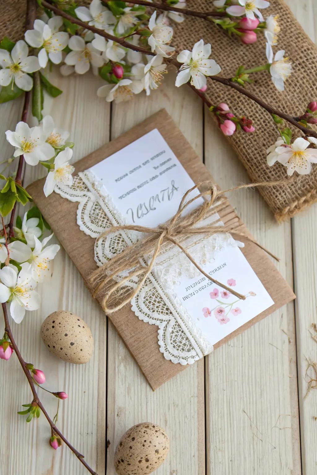 Rustic burlap invitations offer a cozy, welcoming vibe for your Easter event.