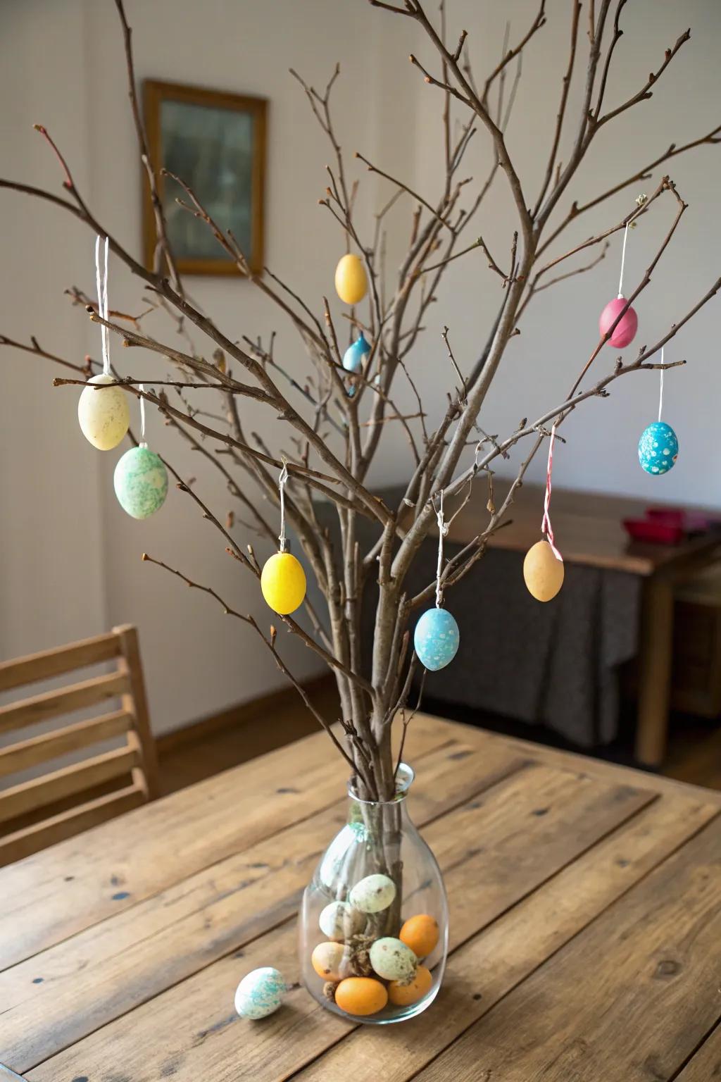 A rustic Easter tree that beautifully blends simplicity and elegance.