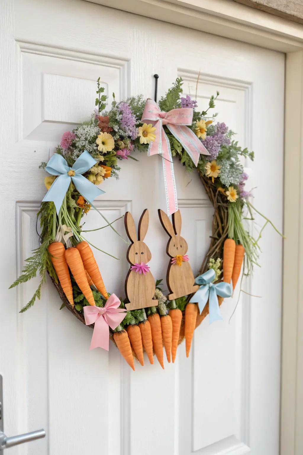 Bring whimsy to your decor with bunnies and carrots on this Easter wreath.