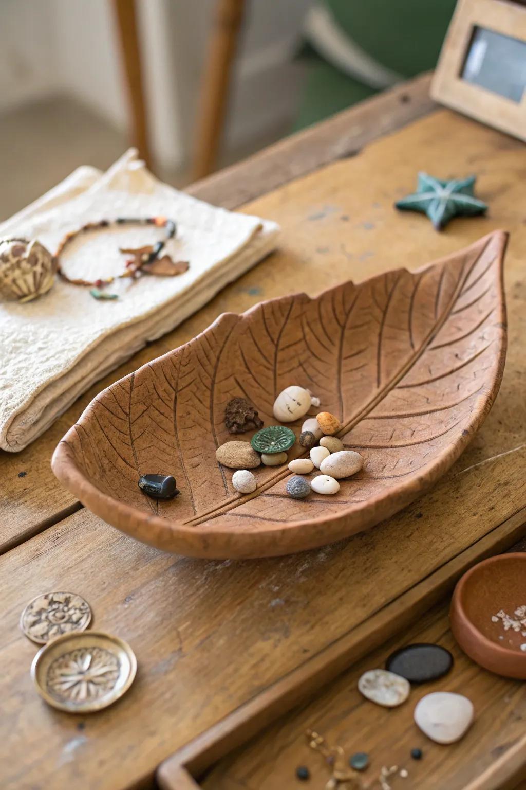 A simple clay leaf dish, perfect for holding small treasures.