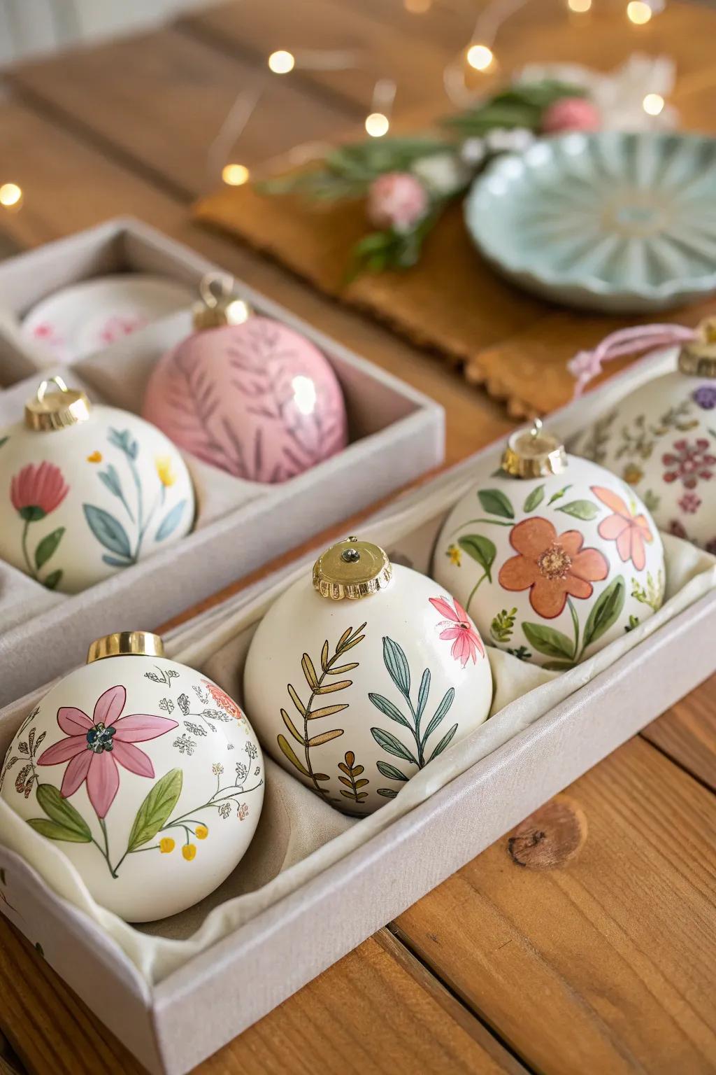 Hand-painted floral designs transform simple ornaments into charming decor pieces.