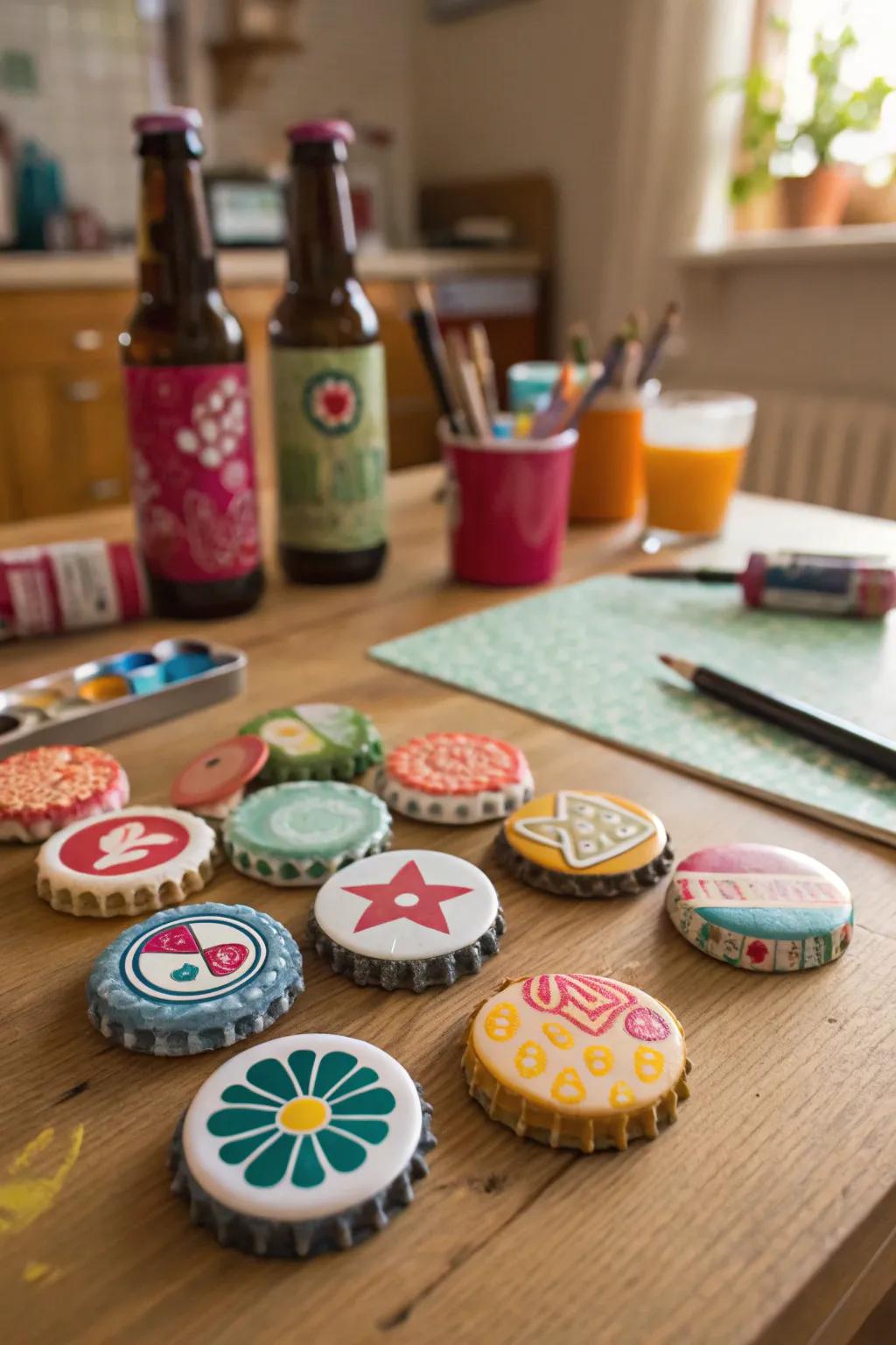 Bottle caps can be upcycled into creative stamps for endless fun.