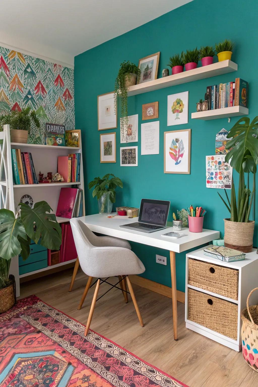 A bold teal accent wall brings energy and vibrancy to this eclectic home office.