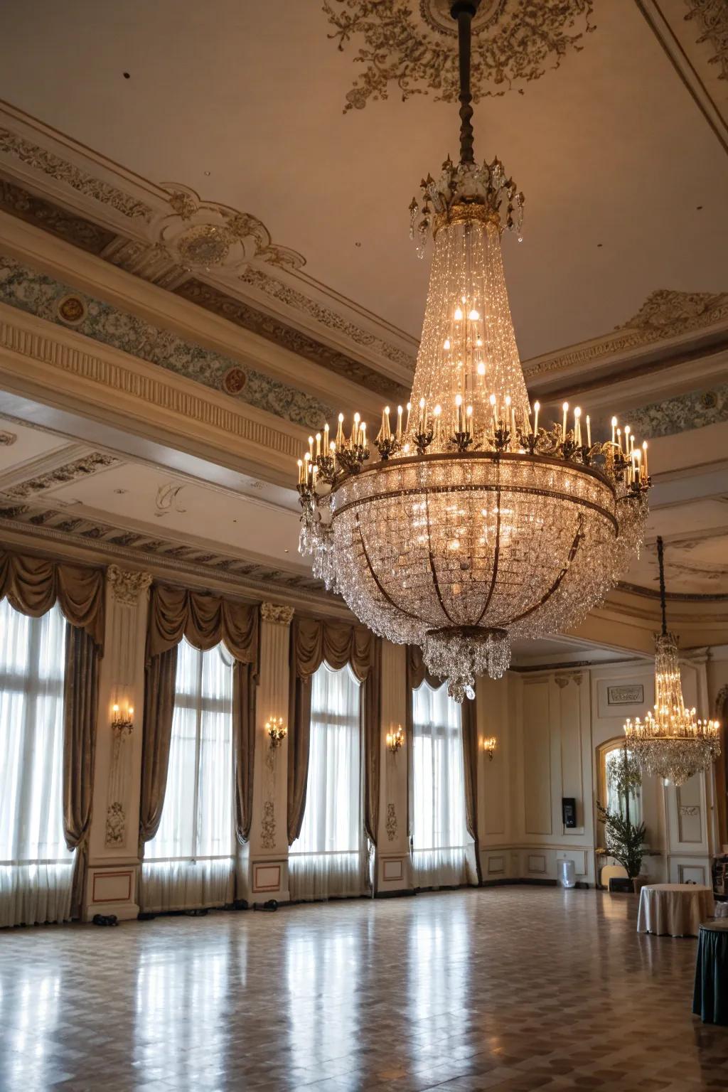 A grand crystal chandelier casting a warm glow, adding elegance to the event space.