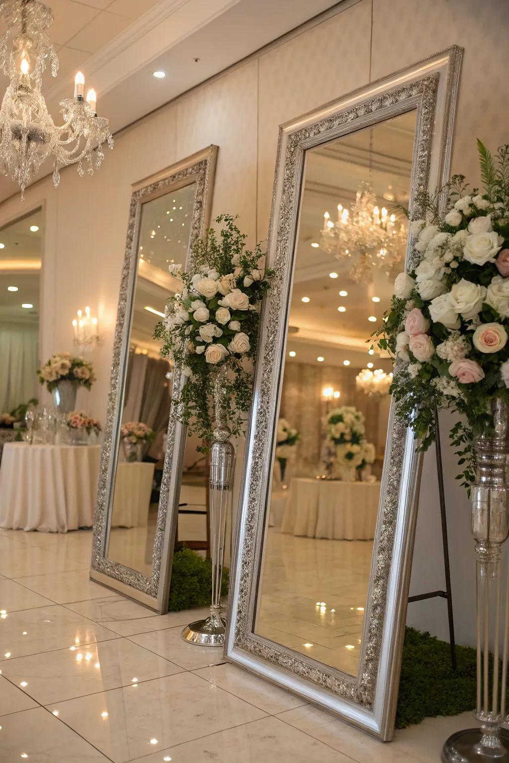 Silver-framed mirrors add depth and sparkle.