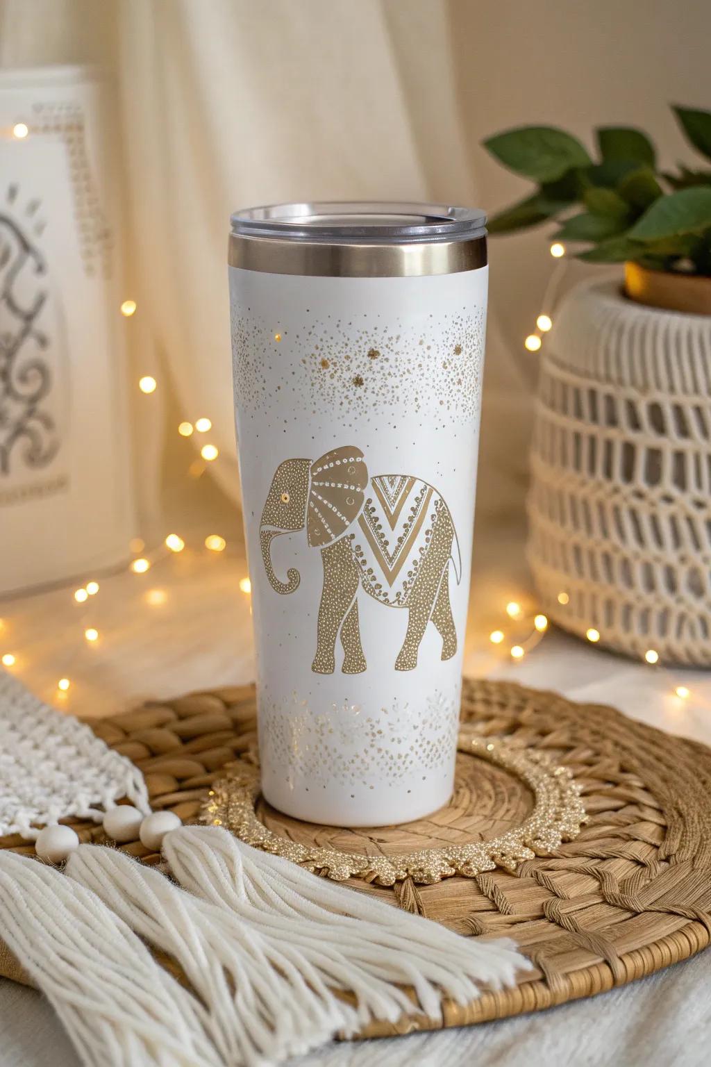 Sip in style with this glittery elephant tumbler that dazzles in Scandinavian simplicity and boho elegance.