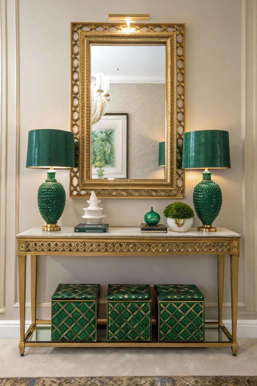 A gold-framed mirror adding elegance to a space with emerald green accents.