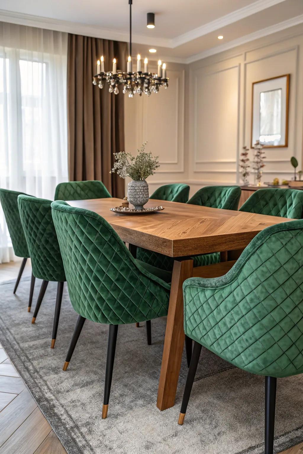 Velvet chairs in emerald green offer both comfort and style.