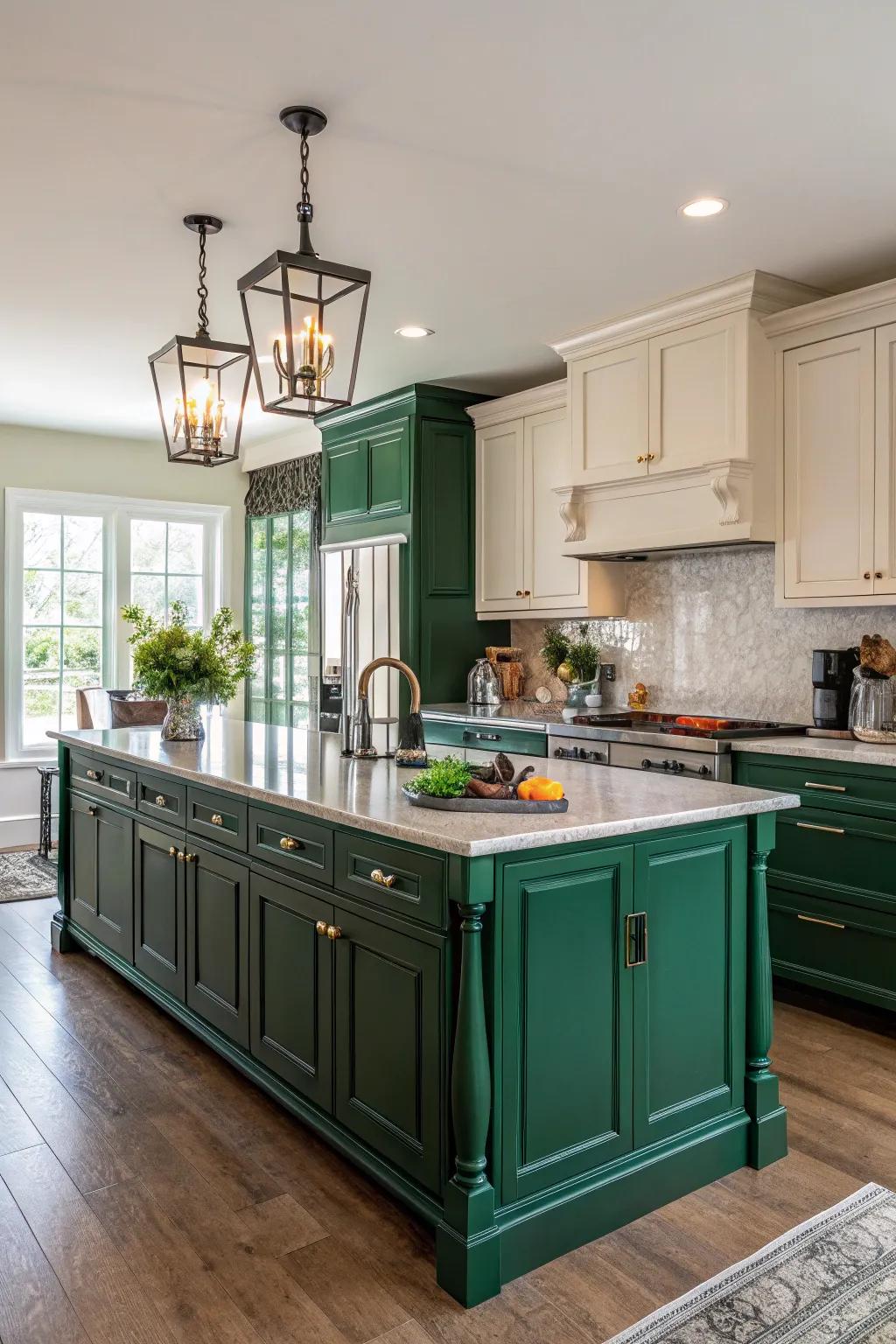 A cohesive kitchen design with a matching emerald green island and cabinets.