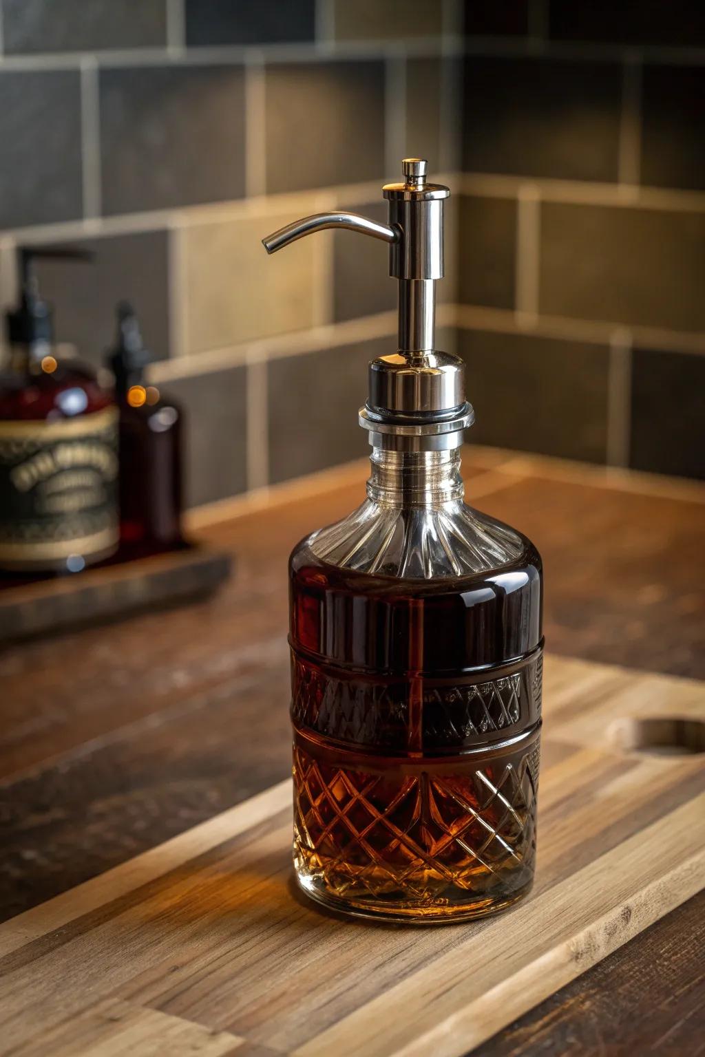 Transform your kitchen space with a touch of elegance and practicality – the perfect olive oil dispenser crafted from an old bourbon bottle.
