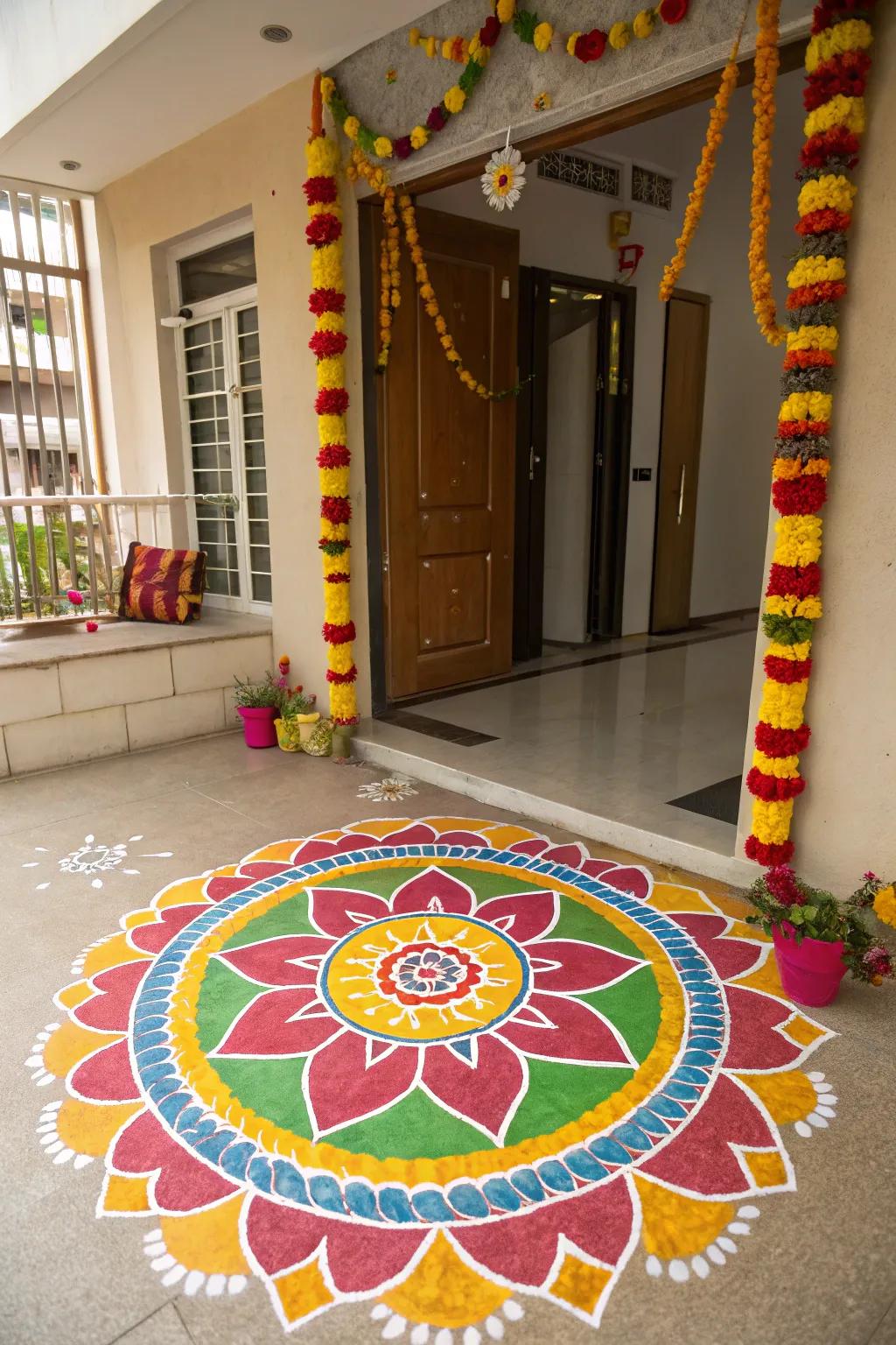 A traditional rangoli pattern adding a burst of color to the entrance.