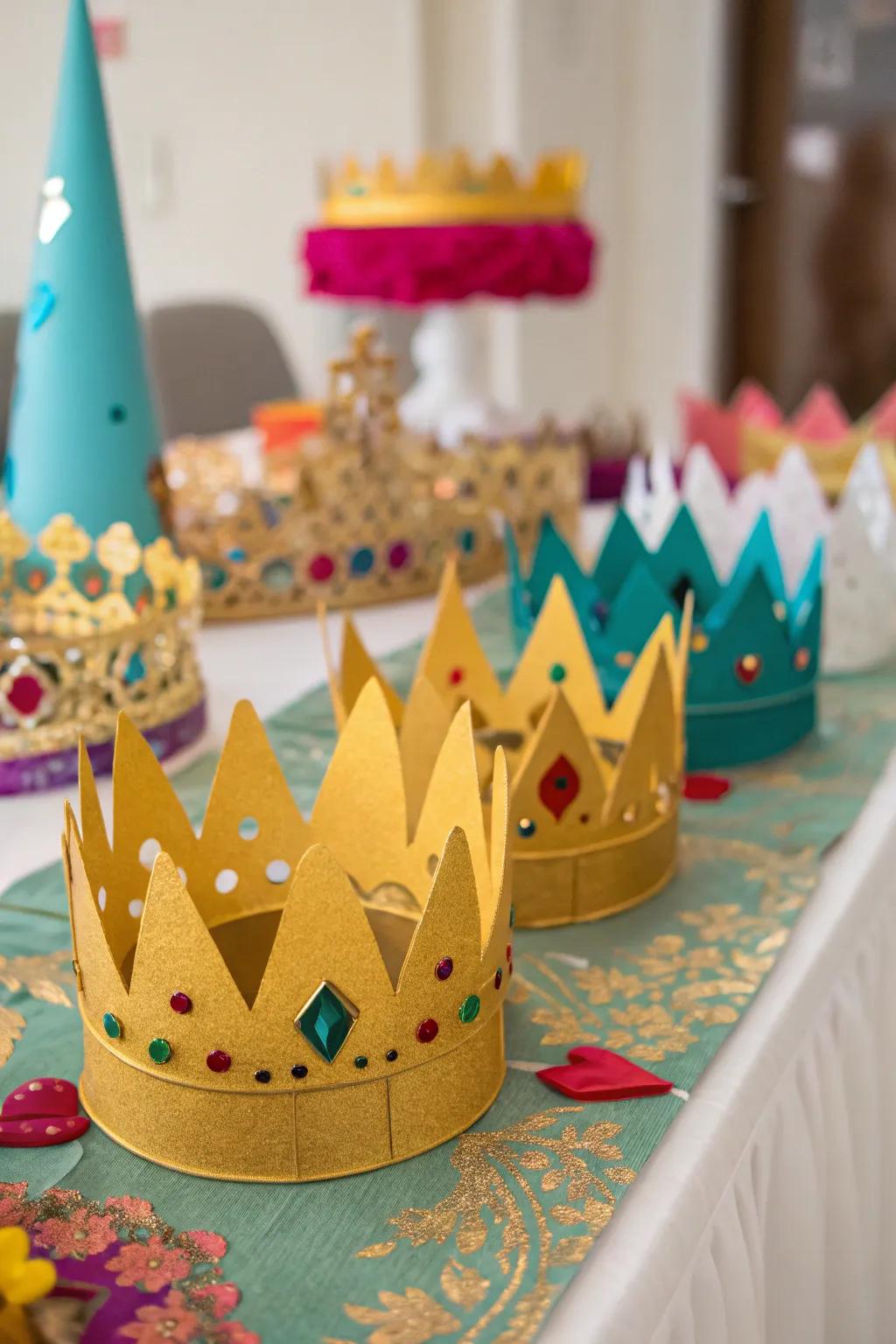 Let guests feel like royalty with DIY gold crowns adorned with sparkling jewels.