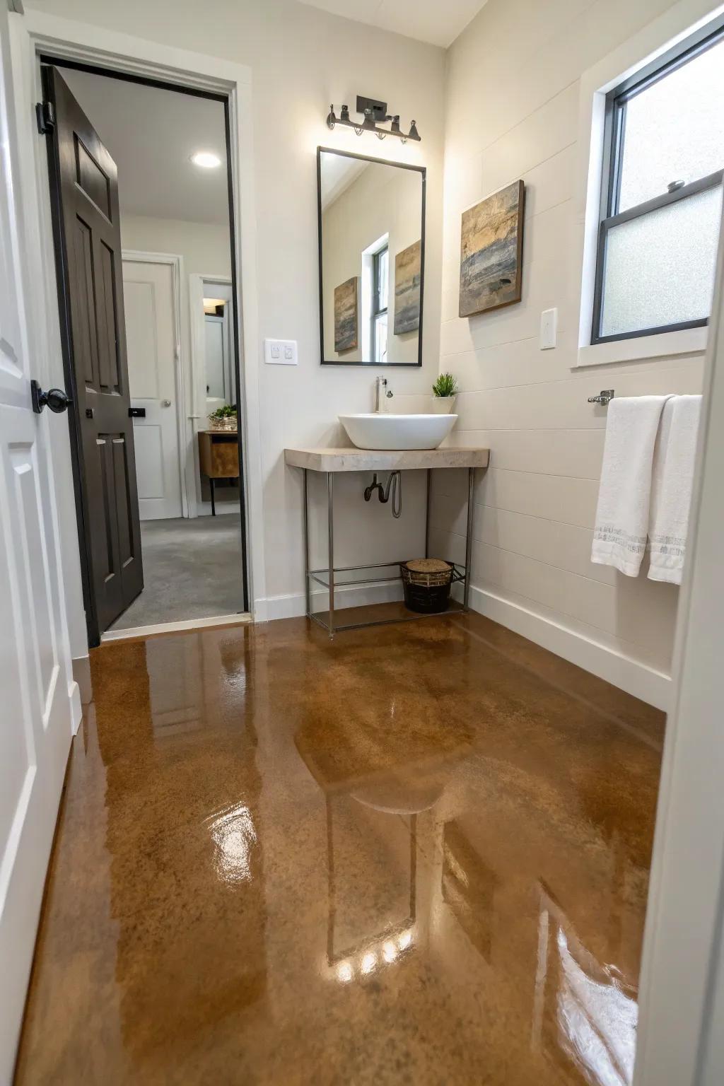 Sophisticated metallic neutral epoxy floor in a minimalist bathroom.